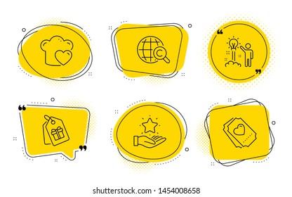 Love cooking, Creative idea and Love ticket signs. Chat bubbles. Loyalty program, International Ð¡opyright and Coupons line icons set. Bonus star, World copywriting, Shopping tags. Chef hat. Vector