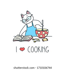 I love cooking. Doodle illustration of a white cat reading a recipe book in a kitchen. Vector 8 EPS.