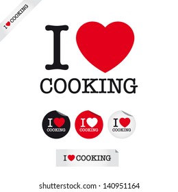 i love cooking, font type with signs, stickers and tags. Ideal for print poster, card, shirt, mug.