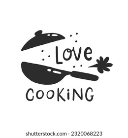 Love cooking. Hand drawn vector illustration. For badges, labels, logo, bakery, street festival, farmers market, country fair, shop, kitchen classes, cafe, food studio