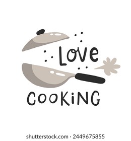 Love cooking. Hand drawn vector illustration. For badges, labels, logo, bakery, street festival, farmers market, country fair, shop, kitchen classes, cafe, food studio