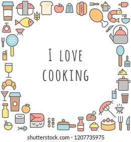 I love cooking hand written text on cooking icon background flat design editable outline