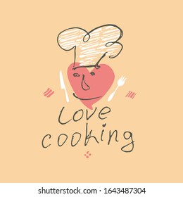 Love Cooking. Illustration as a child's drawing a smile face in chef's hat. Funny picture drawn by pencils. Logo for cooking, cafe, street food, cooking courses and more.
