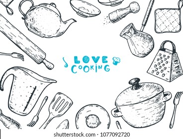 Love cooking illustration. Kitchen utensils hand drawn vector illustration. Cooking time sketch collection. Different kitchen utensils set.