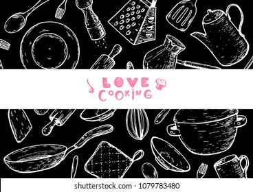 Love cooking illustration. Kitchen utensils hand drawn vector illustration. Cooking time sketch collection. Different kitchen utensils set.