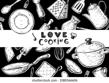 Love cooking illustration. Kitchen utensils hand drawn vector illustration. Cooking time sketch collection. Different kitchen utensils set.