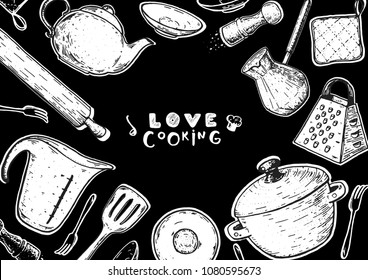 Love cooking illustration. Kitchen utensils hand drawn vector illustration. Cooking time sketch collection. Different kitchen utensils set.