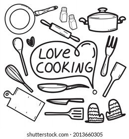 love cooking and kitchen utensil set. Vector hand drawn objects. Icons in doodle style