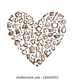 I Love Cooking! Kitchen Utensils Sketch, Heart Shape For Your Design