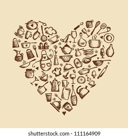 I love cooking! Kitchen utensils sketch, heart shape for your design