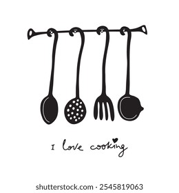 I love cooking lettering, Tableware, kitchen utensils, ladle in doodle style hand drawn black and white vector illustration