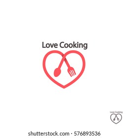 Love Cooking Logo For Food, Restaurant, Vector Template With Heart Spoon And Fork