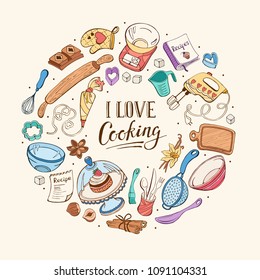 I love cooking poster.  Baking tools in circle shape. Poster with  hand drawn kitchen utensils.