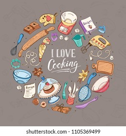 I love cooking poster.  Baking tools in circle shape. Poster with  hand drawn kitchen utensils.