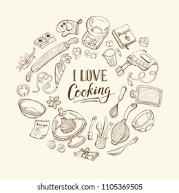 I love cooking poster.  Baking tools in circle shape. Poster with  hand drawn kitchen utensils.