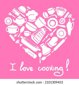 I love cooking poster concept. Baking tools in heart shape. Poster with hand drawn kitchen utensils.Inscription I love to cook. On a pink background 
