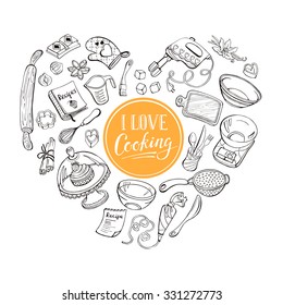 I Love Cooking Poster Concept.  Baking Tools In Heart Shape. Poster With Hand Drawn Kitchen Utensils. 