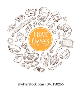 I love cooking poster concept.  Baking tools in heart shape. Poster with hand drawn kitchen utensils. 