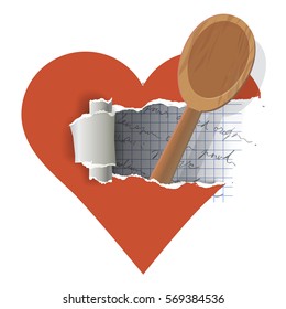 I love cooking.
Torn paper heart with wooden spoon and handwritten recipe. Vector available.