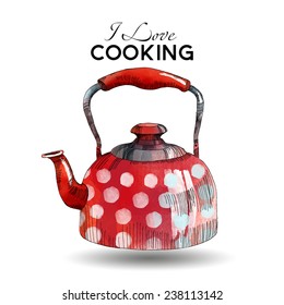 I Love Cooking. Watercolor Vector Kitchen Tea Kettle