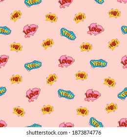Love, cool stickers, youth seamless pattern. Vector background printing of trendy fabric, casual clothes, wrapping paper.
