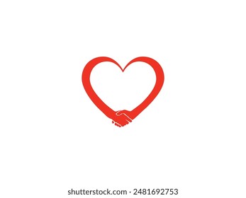 Logotipo del corazón del amor y de la cooperación. Ilustración vectorial como logotipo de un corazón que termina en un apretón de manos, relacionado con el amor, la colaboración, la asistencia sanitaria, la familia y la fe