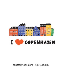 I love Copenhagen. Illustration of Copenhagen houses view. Nyhavn. Doodle. Vector