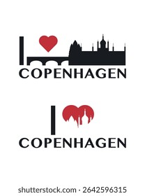 I love Copenhagen vector art, badge, tag, icon, logo concept. Denmark city landmarks and heart isolated image layout for print, image, card