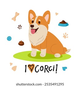 I Love Corgi text. Cheerful cute corgi dog. Thoroughbred dog isolated on white background. Puppy character with cheerful face expression. Dog is sitting, Pet, domestic animal. Flat vector illustration