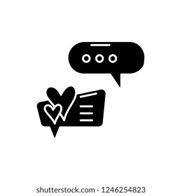 Love correspondence black icon, vector sign on isolated background. Love correspondence concept symbol, illustration 
