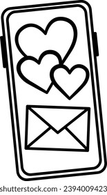 Love Correspondence on the Phone for Coloring. Hearts and Envelope. Online Dating. Communication on Social Networks. Vector Illustration for Valentines Day