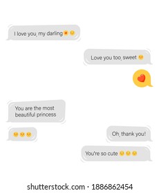 Love correspondence in online messenger. Chatting between close users with compliments with emoticons and conversational vector windows.