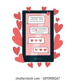 Love correspondence online in your phone. Valentine's day. Vector illustration.