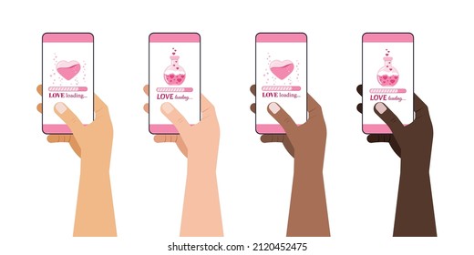 Love countdown bar on smartphone screen in hand set. Love loading bar with lab flask with hearts and love potion and heart and fizzing air bubbles  fill progress icon. Flat cartoon vector illustration