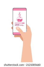 Love countdown bar on smartphone screen holding in hand. Love loading bar with glass lab flask with hearts and love potion fill progress on mobile phone display. Flat cartoon vector illustration
