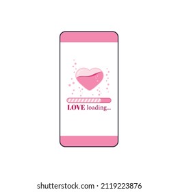 Barra de carga de la cuenta regresiva de amor con corazón y burbujas de aire encendidas en la pantalla del smartphone. Felicidad esperando completar el progreso en la pantalla del teléfono móvil. Ilustración vectorial de dibujos animados de diseño plano.