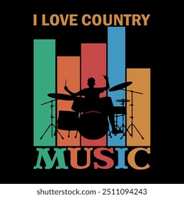 I LOVE COUNTRY MUSIC- Singer T Shirt Design, Hand drawn vintage illustration with lettering and decoration elements, prints for posters, banners, notebook covers with black background.