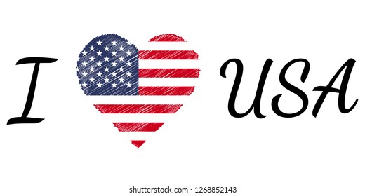 I love country usa america, text with heart Doodle, vector calligraphic text, I love usa america flag heart patriot