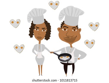 The in love couple of african american cooks hold frying pan with heart of fried eggs in arm. Happy Valentine's day, wedding, love concept. EPS 10 vector illustration.
