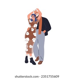 Love couple with age gap. Happy old mature gray-haired man and young woman in romantic relationships. Girl hugging older partner. Flat graphic vector illustration isolated on white background