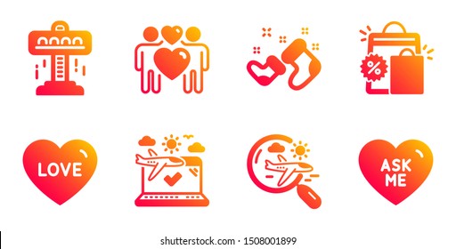 Love couple, Attraction and Santa boots line icons set. Search flight, Shopping bags and Love signs. Airplane travel, Ask me symbols. Lovers, Free fall. Holidays set. Vector