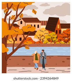 Love couple in autumn park. Romantic date at river in September. Man and woman walking, strolling outdoors at riverside in town. Fall season promenade, calm serene nature. Flat vector illustration