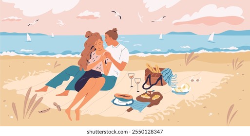 Liebespaar, Strandpicknick, romantisches Date auf dem Meer. Mann und Frau sitzen auf Decke an der Küste, Umarmung und Umarmung im Freien am Meer Sommerurlaub, Urlaub Freizeit. Flache Vektorgrafik