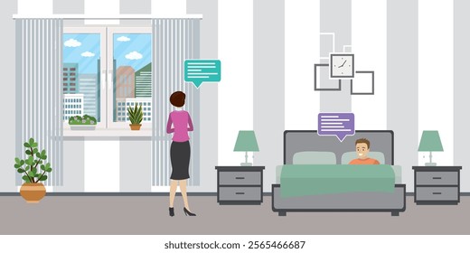 Love couple in bedroom. Cartoon Hotel room or home bedroom Interior flat design. Home furniture. Male and female character standing and lying. Flat vector illustration