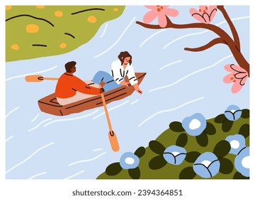 Love couple in boat in spring. Romantic date on river in nature. Man and woman valentines floating on water together, travel among blossomed flowers, resting outdoors. Flat vector illustration