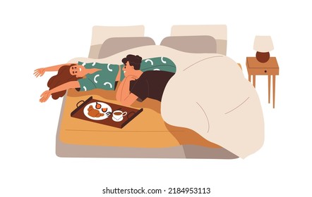 Love couple with breakfast in bed. Happy romantic man and woman lying together with coffee and croissant served on tray late in morning. Flat vector illustration isolated on white background