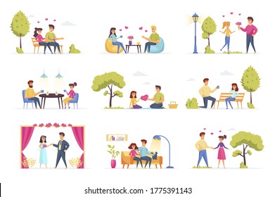 Love couple bundle with people characters. Happy couple having picnic in park, date in caffe, man proposing girl to marry, wedding ceremony situations. Romantic relationship flat vector illustration.