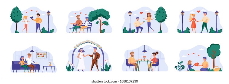 Love couple bundle with people characters. Happy Valentines Day in park, date in caffe, man proposing girl to marry, wedding ceremony situations. Romantic relationship flat vector illustration.