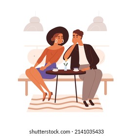Love couple in cafe on date. Happy woman and charmed man sitting at table with coffee cups, looking at each other. Romantic meeting in cafeteria. Flat vector illustration isolated on white background