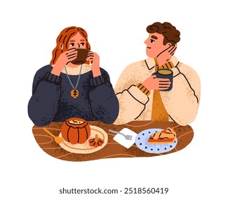 Pareja del amor en la mesa del café, bebiendo el café y el té que calientan. Hombre y mujer felices que disfrutan de la panadería estacional del otoño, postres del otoño, tiempo acogedor. Ilustración vectorial gráfica plana aislada sobre fondo blanco